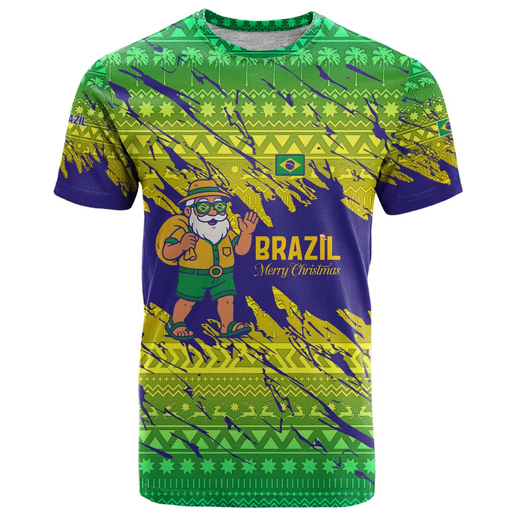 Brazil Christmas T-Shirt with Tropical Santa Tribal Pattern National Colors and Merry Christmas Text Design Graphic Tee