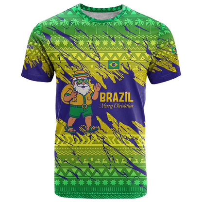 Brazil Christmas T-Shirt with Tropical Santa Tribal Pattern National Colors and Merry Christmas Text Design Graphic Tee