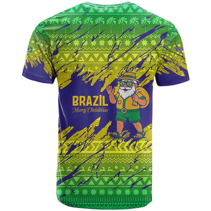 Brazil Christmas T-Shirt with Tropical Santa Tribal Pattern National Colors and Merry Christmas Text Design Graphic Tee