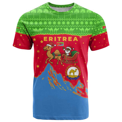 Eritrea Christmas T-Shirt with Santa Claus Camel Sleigh National Emblem and Red Green Blue Pattern Graphic Tee