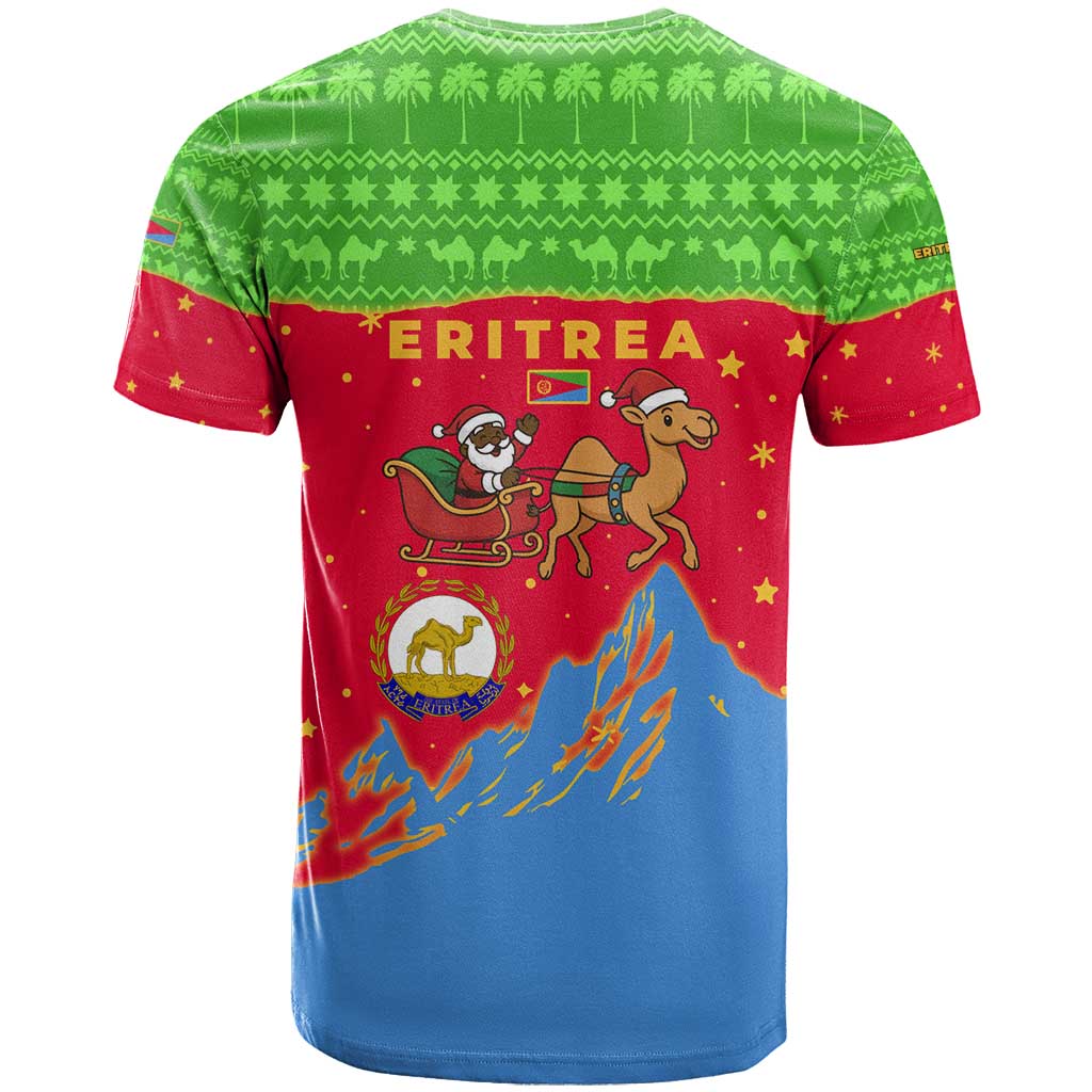 Eritrea Christmas T-Shirt with Santa Claus Camel Sleigh National Emblem and Red Green Blue Pattern Graphic Tee
