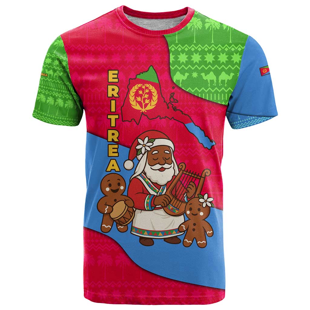 Eritrea Christmas T-Shirt with African Santa Gingerbread Harp National Flag Colors and Festive Pattern Design Graphic Tee