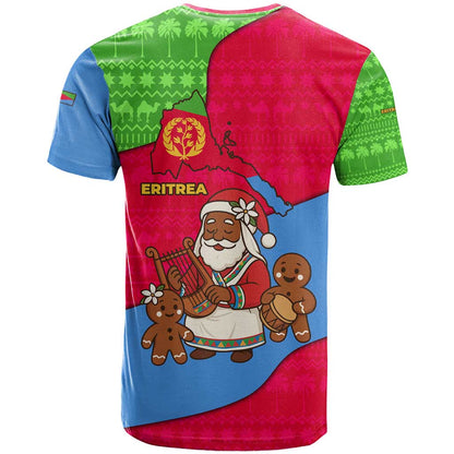 Eritrea Christmas T-Shirt with African Santa Gingerbread Harp National Flag Colors and Festive Pattern Design Graphic Tee