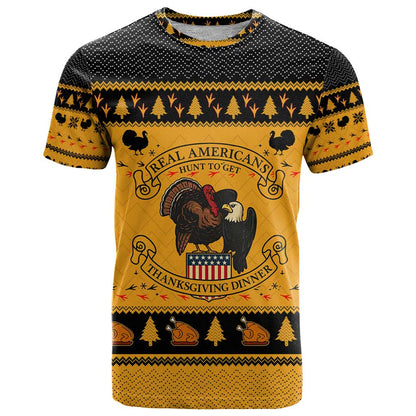 Americans Turkey Hunting Thanksgiving Christmas T-Shirt Xmas Holiday Patterns Graphic Tee