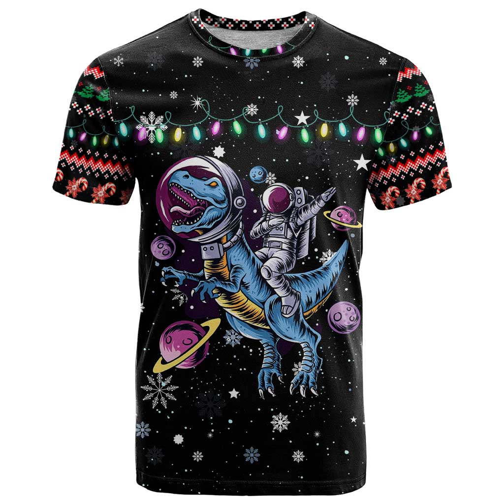 Astronauts Ride A T Rex In Space With The Planet Christmas T-Shirt Xmas Holiday Patterns Graphic Tee