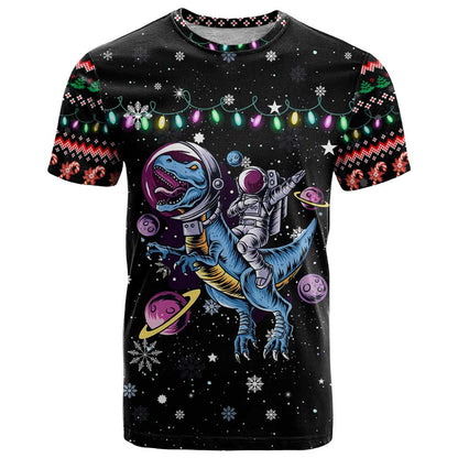 Astronauts Ride A T Rex In Space With The Planet Christmas T-Shirt Xmas Holiday Patterns Graphic Tee