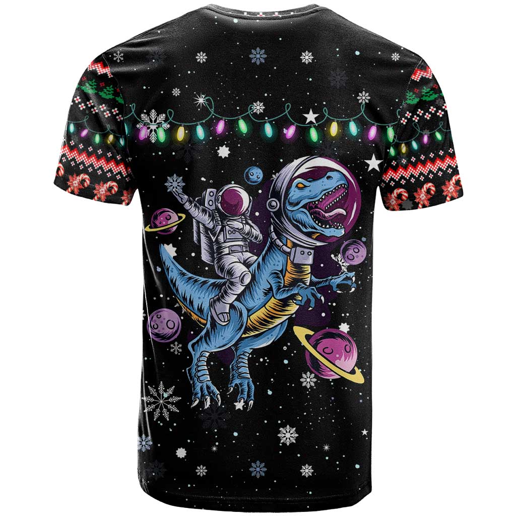 Astronauts Ride A T Rex In Space With The Planet Christmas T-Shirt Xmas Holiday Patterns Graphic Tee