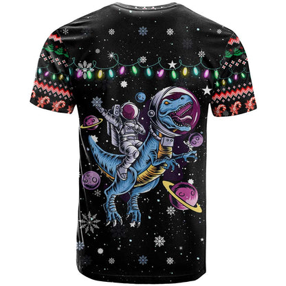 Astronauts Ride A T Rex In Space With The Planet Christmas T-Shirt Xmas Holiday Patterns Graphic Tee