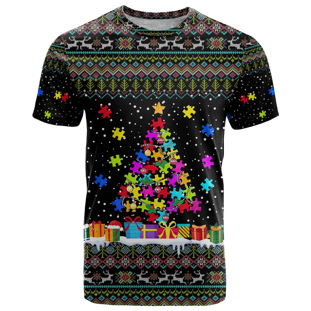 Autism Pine Christmas T-Shirt Xmas Holiday Patterns Graphic Tee