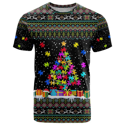 Autism Pine Christmas T-Shirt Xmas Holiday Patterns Graphic Tee