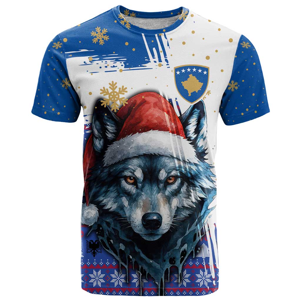 Kosovo Christmas T-Shirt with Santa Wolf Snowflakes Blue Pattern and National Emblem Graphic Tee