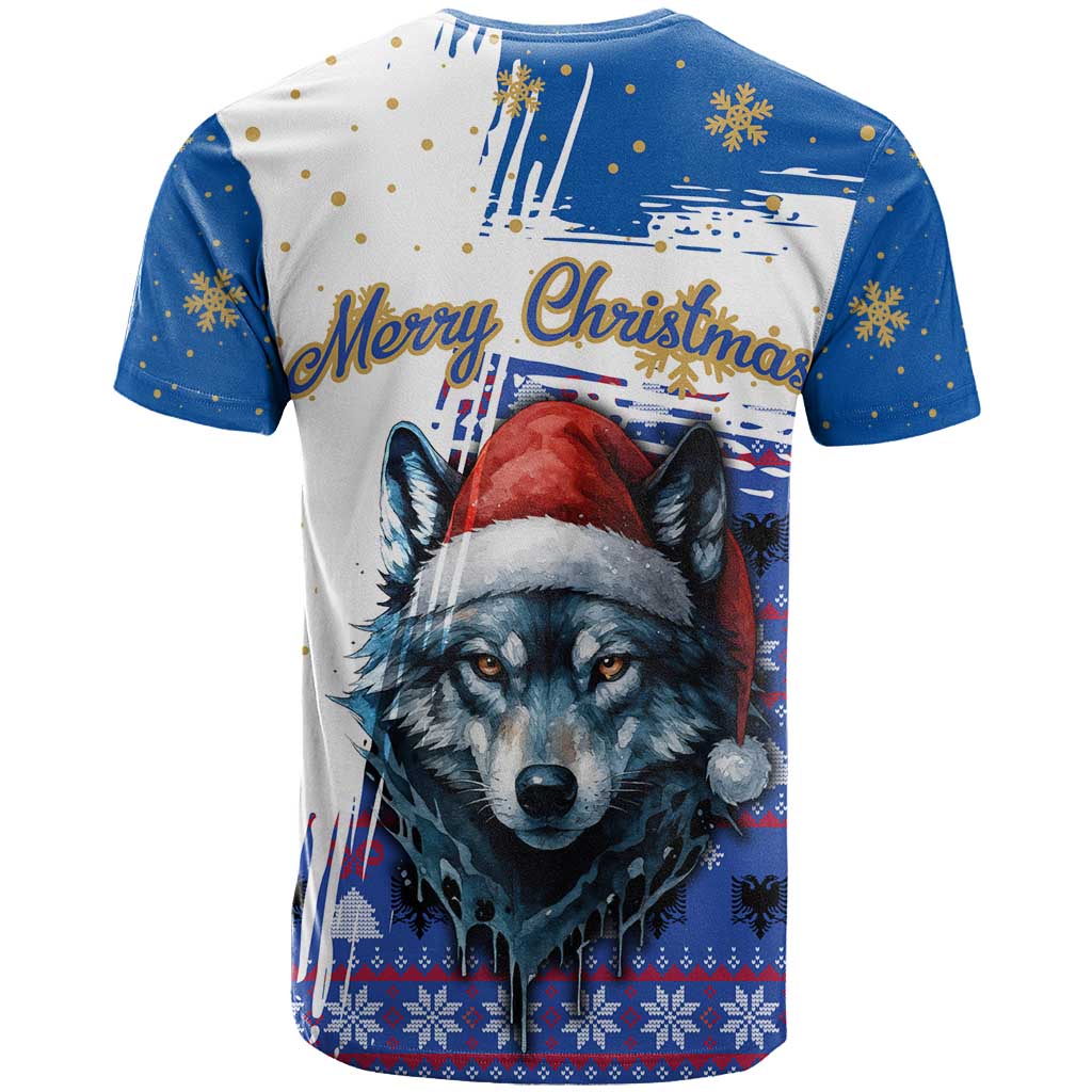 Kosovo Christmas T-Shirt with Santa Wolf Snowflakes Blue Pattern and National Emblem Graphic Tee