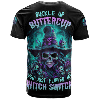 Buckle Up Buttercup Skull Witch Halloween T-Shirt Graphic Tee