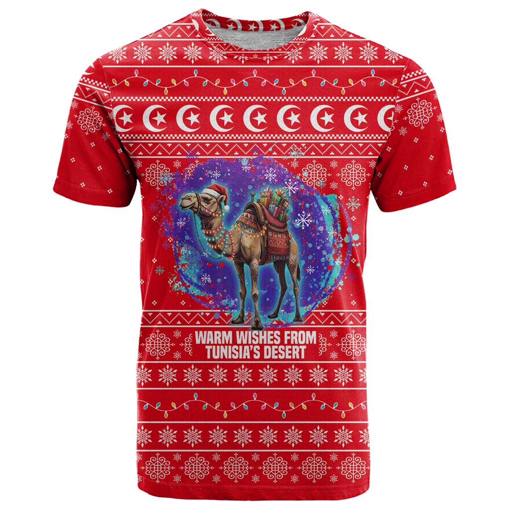 Tunisia Christmas T-Shirt with Desert Camel Crescent Snowflake Pattern and National Emblem Graphic Tee