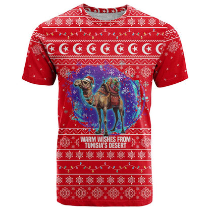 Tunisia Christmas T-Shirt with Desert Camel Crescent Snowflake Pattern and National Emblem Graphic Tee