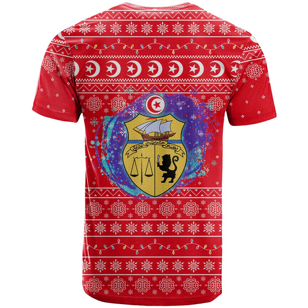 Tunisia Christmas T-Shirt with Desert Camel Crescent Snowflake Pattern and National Emblem Graphic Tee
