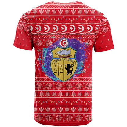 Tunisia Christmas T-Shirt with Desert Camel Crescent Snowflake Pattern and National Emblem Graphic Tee