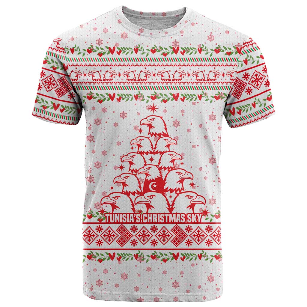 Tunisia Christmas T-Shirt with Red Falcon Tree White Snowflake Pattern and Festive Borders Graphic Tee