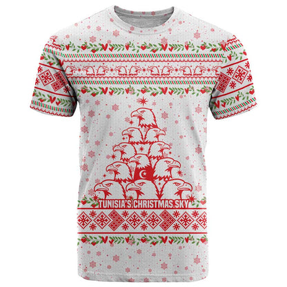 Tunisia Christmas T-Shirt with Red Falcon Tree White Snowflake Pattern and Festive Borders Graphic Tee