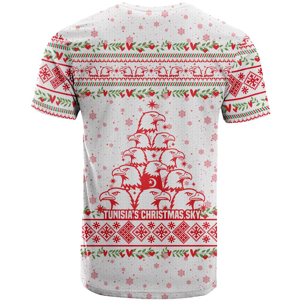 Tunisia Christmas T-Shirt with Red Falcon Tree White Snowflake Pattern and Festive Borders Graphic Tee