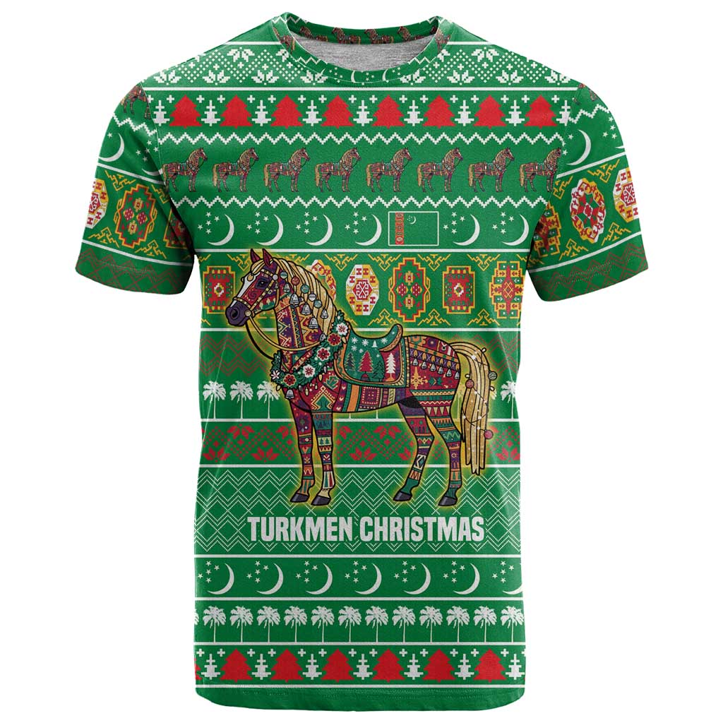 Turkmenistan Christmas T-Shirt with Decorated Horse Crescent Moon Pattern and Traditional Carpet Graphic Tee