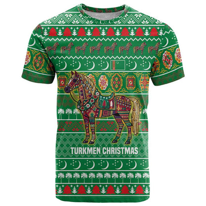 Turkmenistan Christmas T-Shirt with Decorated Horse Crescent Moon Pattern and Traditional Carpet Graphic Tee