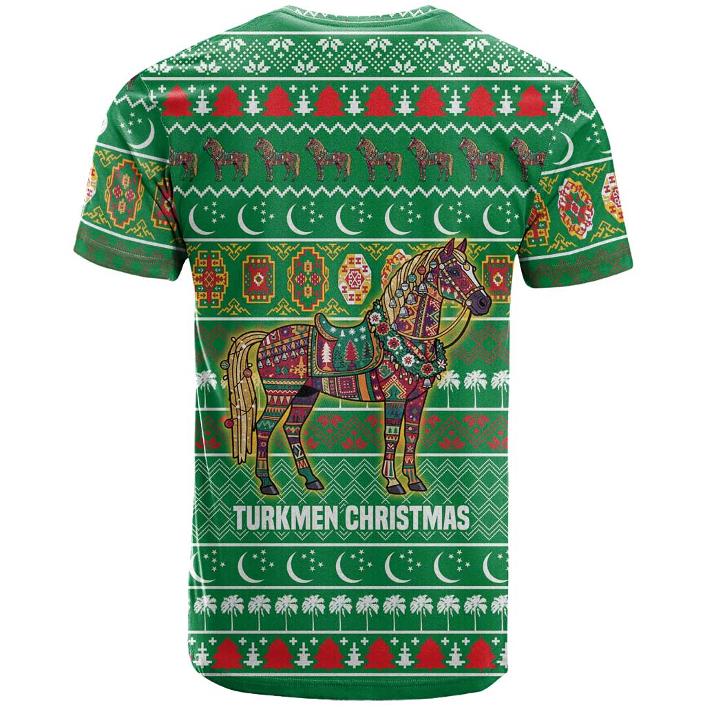 Turkmenistan Christmas T-Shirt with Decorated Horse Crescent Moon Pattern and Traditional Carpet Graphic Tee