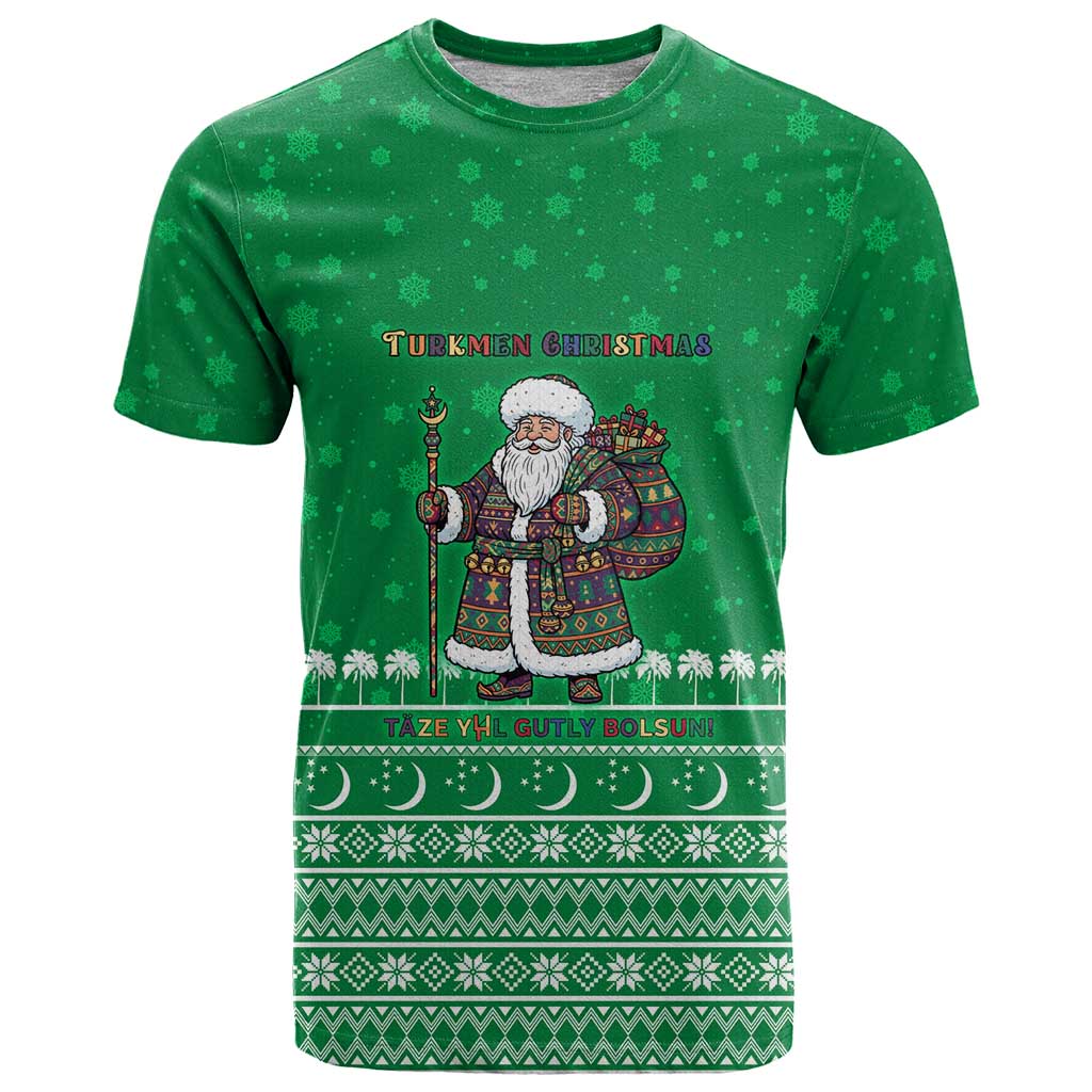 Turkmenistan Christmas T-Shirt with Traditional Santa Snowflake Crescent Moon and National Emblem Graphic Tee