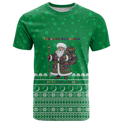 Turkmenistan Christmas T-Shirt with Traditional Santa Snowflake Crescent Moon and National Emblem Graphic Tee