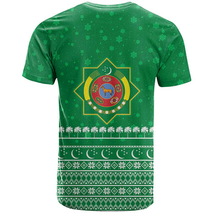 Turkmenistan Christmas T-Shirt with Traditional Santa Snowflake Crescent Moon and National Emblem Graphic Tee