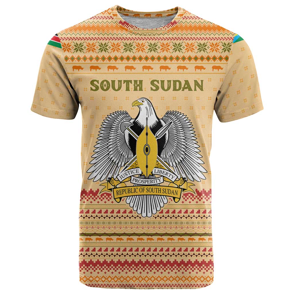 South Sudan Christmas T-Shirt with Beige Tribal Pattern, National Emblem, and Green Star Motif Graphic Tee