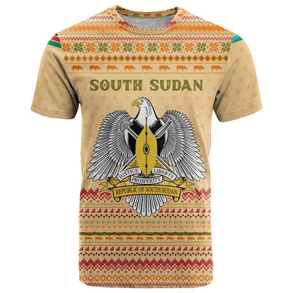 South Sudan Christmas T-Shirt with Beige Tribal Pattern, National Emblem, and Green Star Motif Graphic Tee