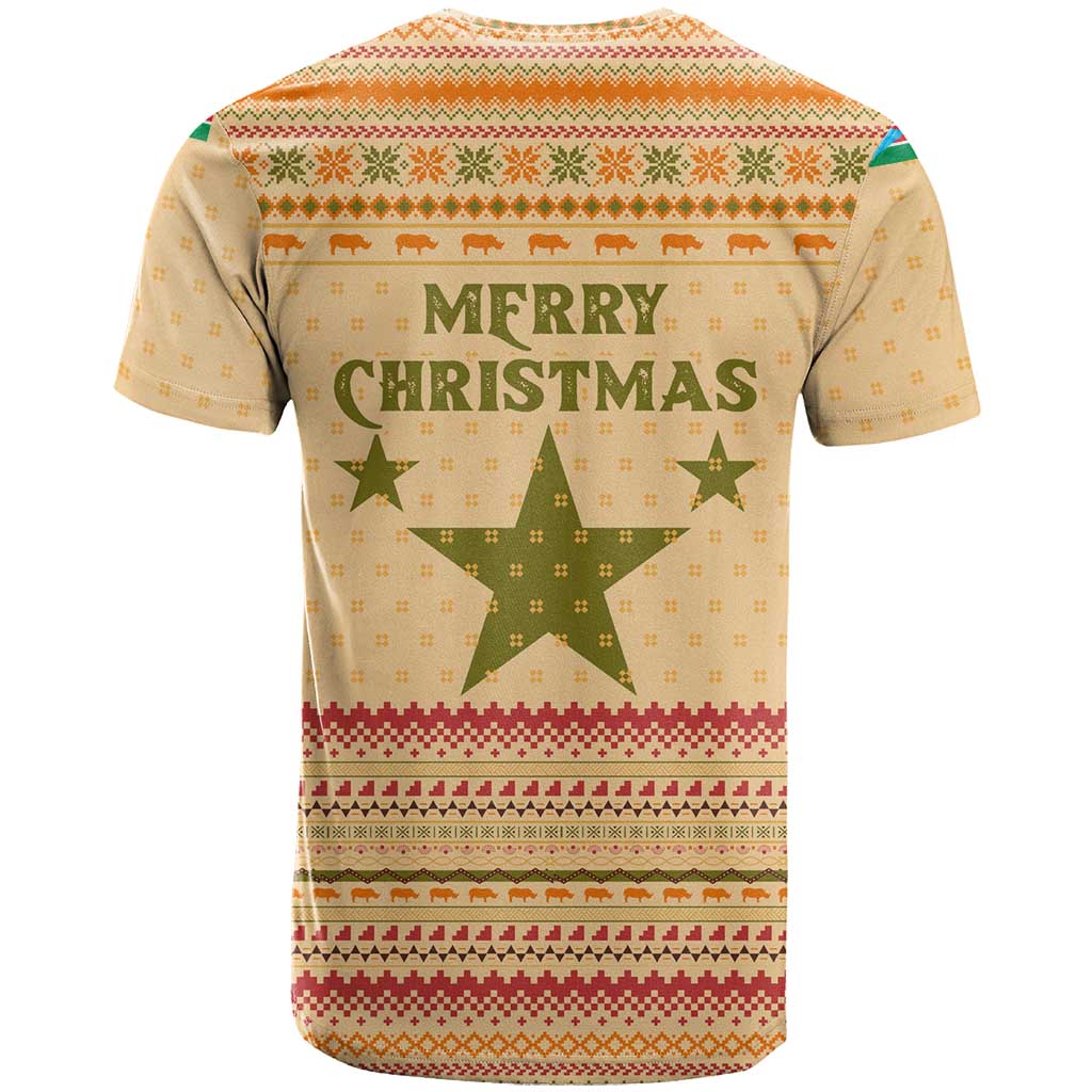 South Sudan Christmas T-Shirt with Beige Tribal Pattern, National Emblem, and Green Star Motif Graphic Tee
