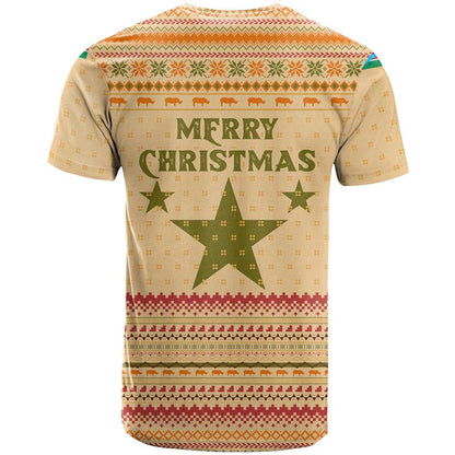 South Sudan Christmas T-Shirt with Beige Tribal Pattern, National Emblem, and Green Star Motif Graphic Tee
