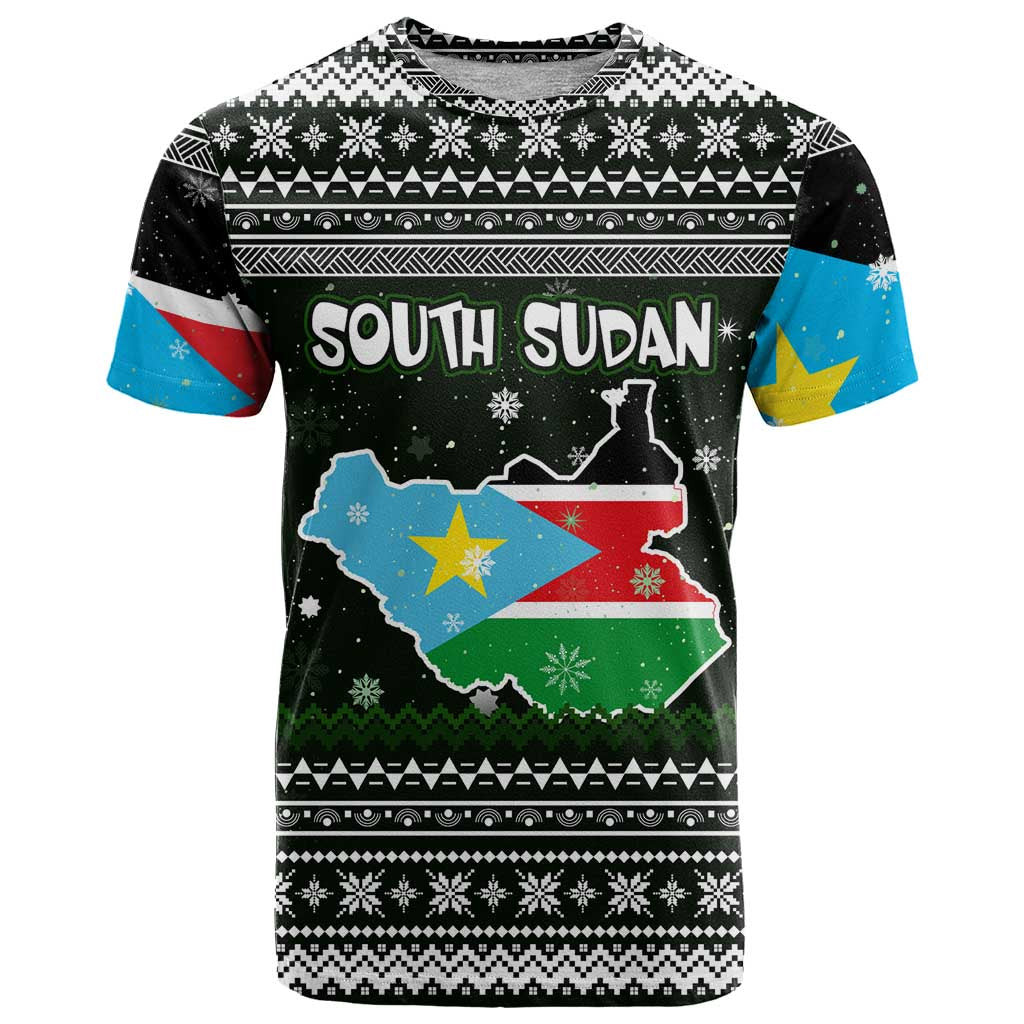 South Sudan Christmas T-Shirt with National Map, Flag Colors, and Sleeping Rhino Motif Graphic Tee