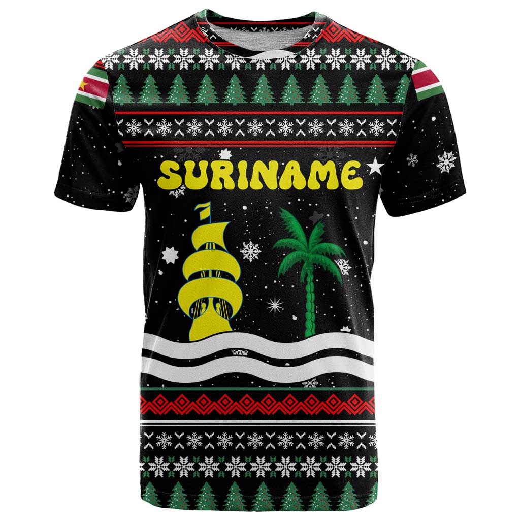 Suriname Christmas T-Shirt with Black Festive Pattern, Golden Ship, Palm Tree, and Coat of Arms Motif Graphic Tee