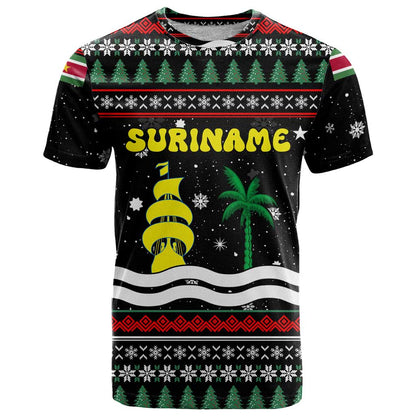 Suriname Christmas T-Shirt with Black Festive Pattern, Golden Ship, Palm Tree, and Coat of Arms Motif Graphic Tee