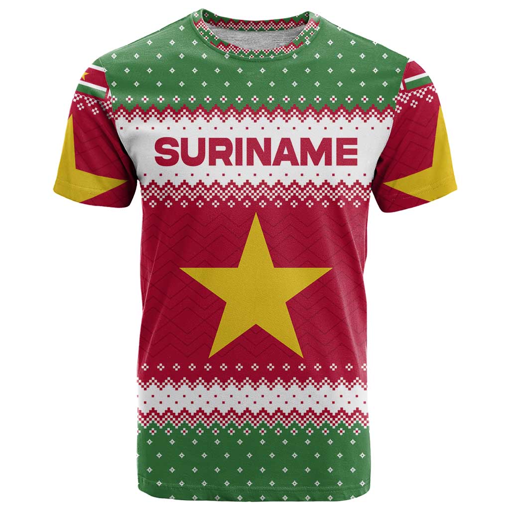 Suriname Christmas T-Shirt with Red-Green Knit Pattern, Yellow Star, and Santa Leopard Motif Graphic Tee
