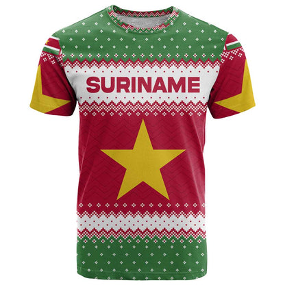 Suriname Christmas T-Shirt with Red-Green Knit Pattern, Yellow Star, and Santa Leopard Motif Graphic Tee