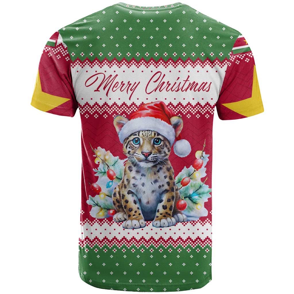 Suriname Christmas T-Shirt with Red-Green Knit Pattern, Yellow Star, and Santa Leopard Motif Graphic Tee