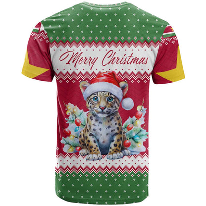 Suriname Christmas T-Shirt with Red-Green Knit Pattern, Yellow Star, and Santa Leopard Motif Graphic Tee