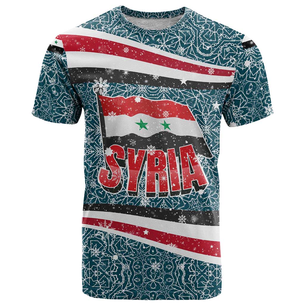 Syria Christmas T-Shirt with National Flag Motif, Coat of Arms Eagle, and Festive Snowflake Pattern Graphic Tee