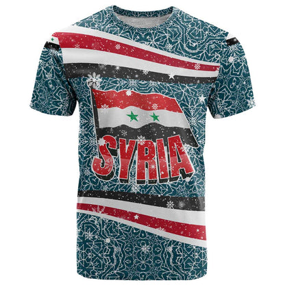 Syria Christmas T-Shirt with National Flag Motif, Coat of Arms Eagle, and Festive Snowflake Pattern Graphic Tee