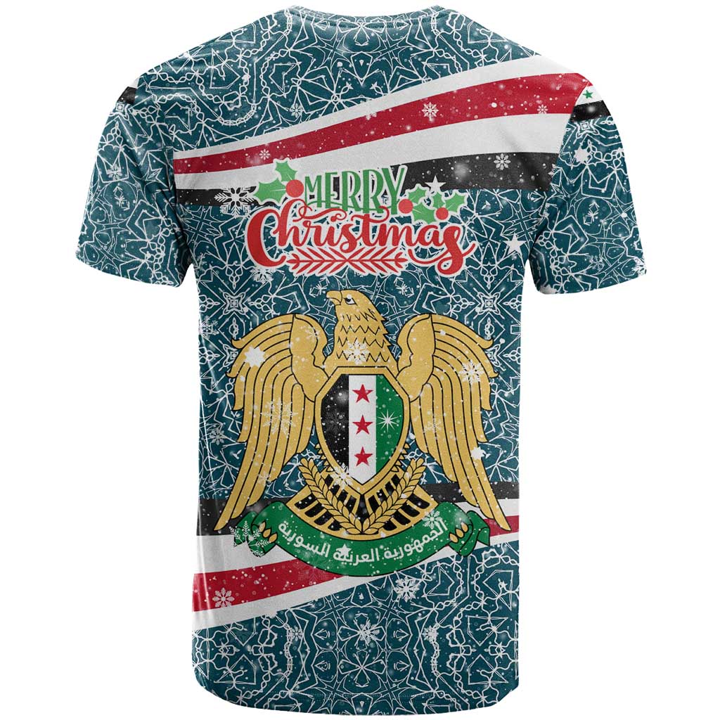 Syria Christmas T-Shirt with National Flag Motif, Coat of Arms Eagle, and Festive Snowflake Pattern Graphic Tee