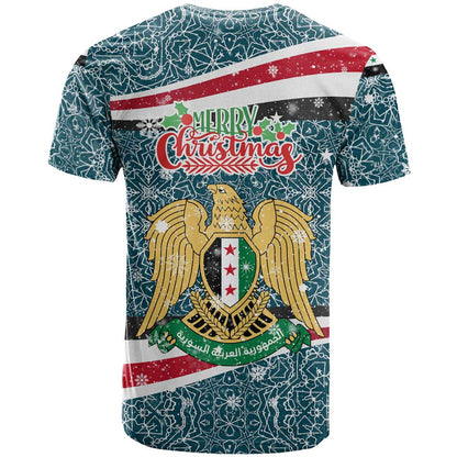 Syria Christmas T-Shirt with National Flag Motif, Coat of Arms Eagle, and Festive Snowflake Pattern Graphic Tee