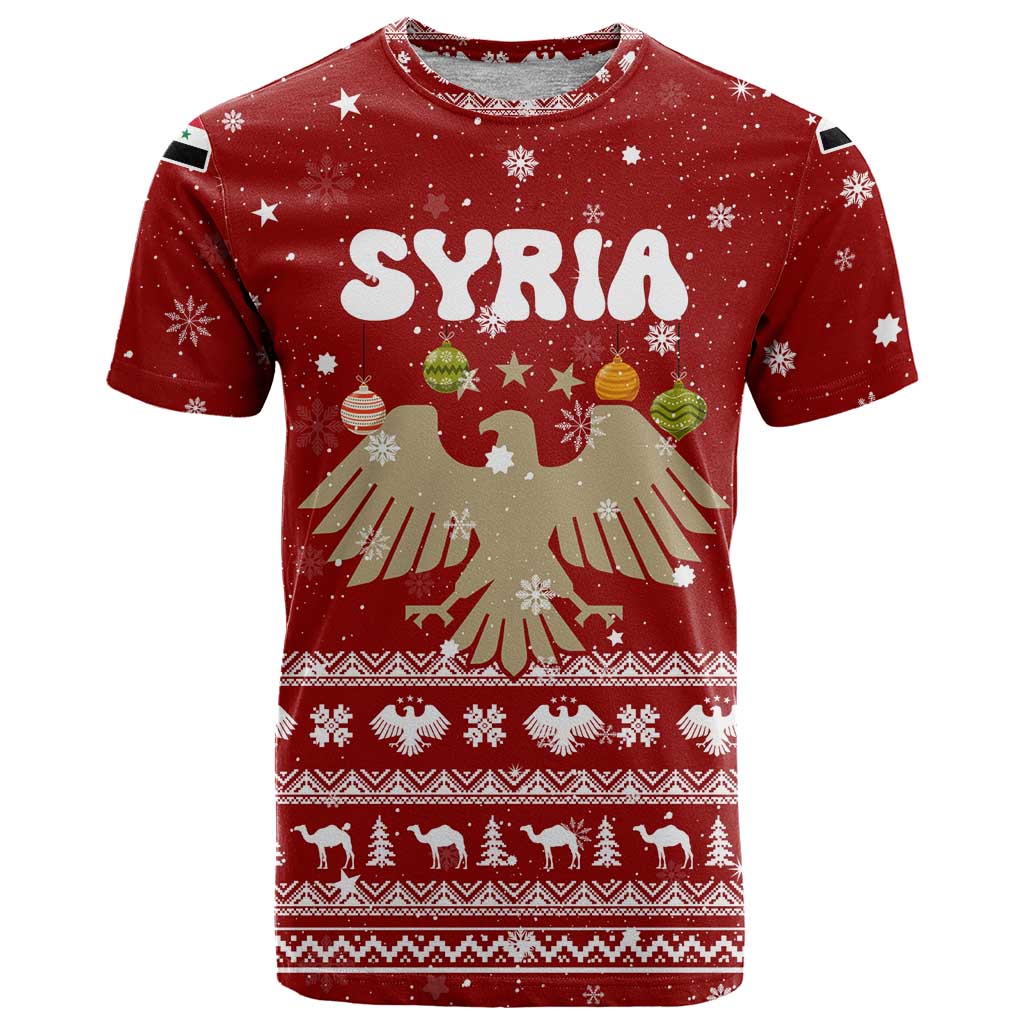 Syria Christmas T-Shirt with Golden Eagle Emblem Christmas Camel Scene Graphic Tee