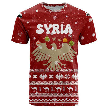 Syria Christmas T-Shirt with Golden Eagle Emblem Christmas Camel Scene Graphic Tee