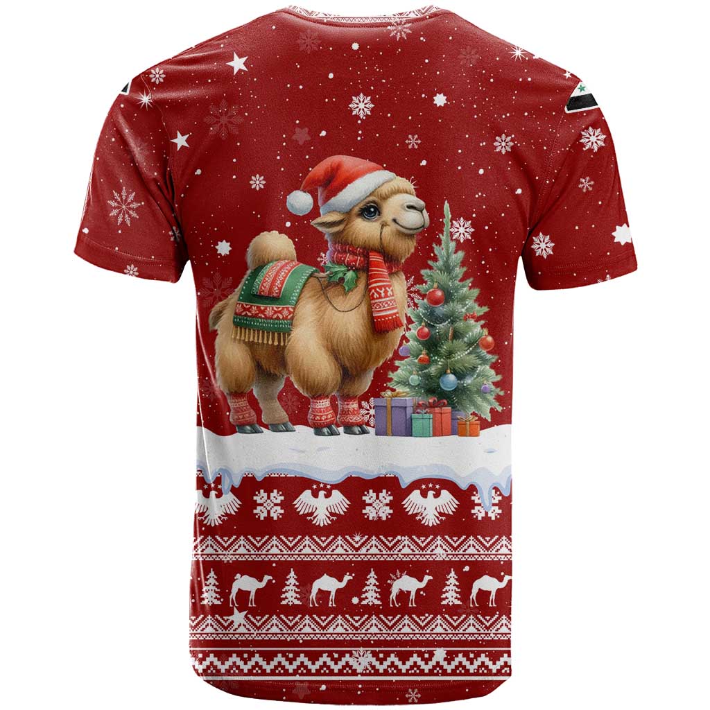 Syria Christmas T-Shirt with Golden Eagle Emblem Christmas Camel Scene Graphic Tee