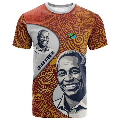 Julius Nyerere T-Shirt with Smiling Portrait, Tribal Pattern and Simplicity is Power Quote Graphic Tee
