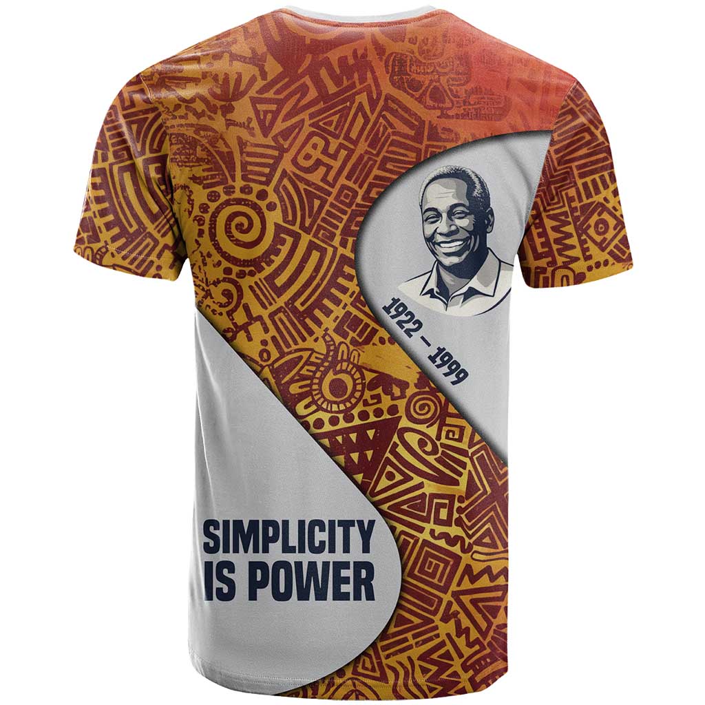 Julius Nyerere T-Shirt with Smiling Portrait, Tribal Pattern and Simplicity is Power Quote Graphic Tee